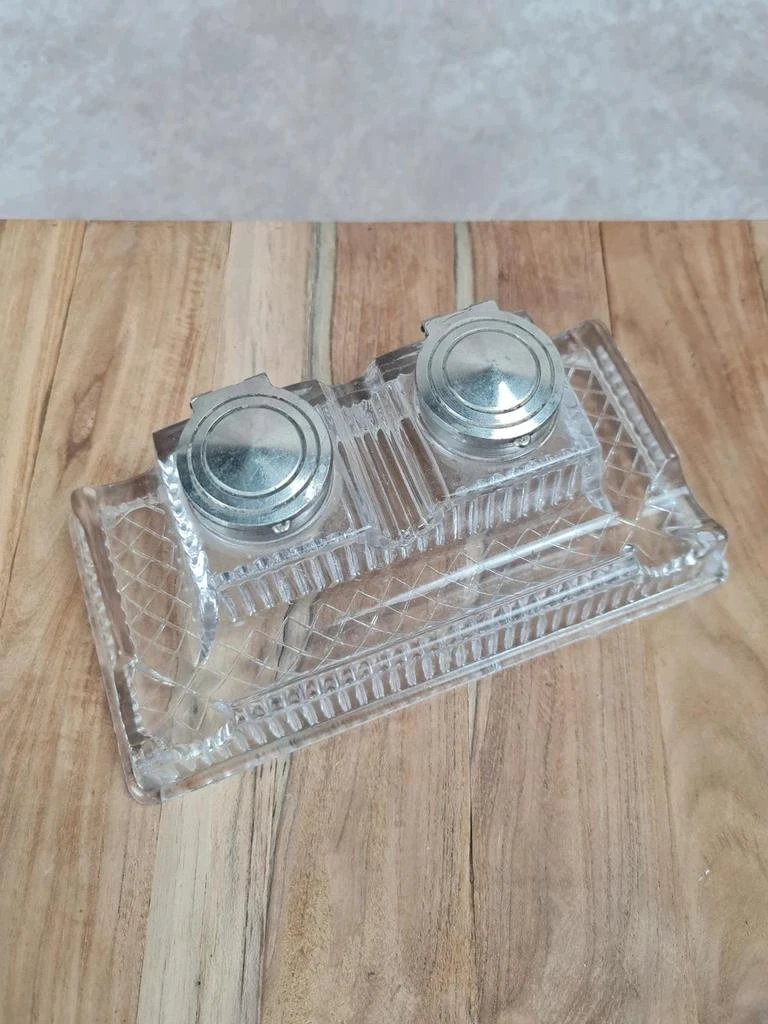 Encensadero doble antiguo de vidrio moldeado, magnífica pieza de escritorio vintage – photo 2